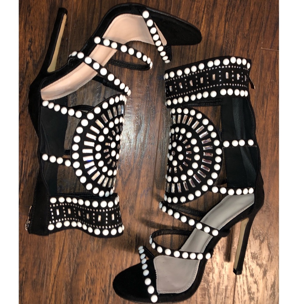 Pearl and Rhinestone Embellished Strappy Heels